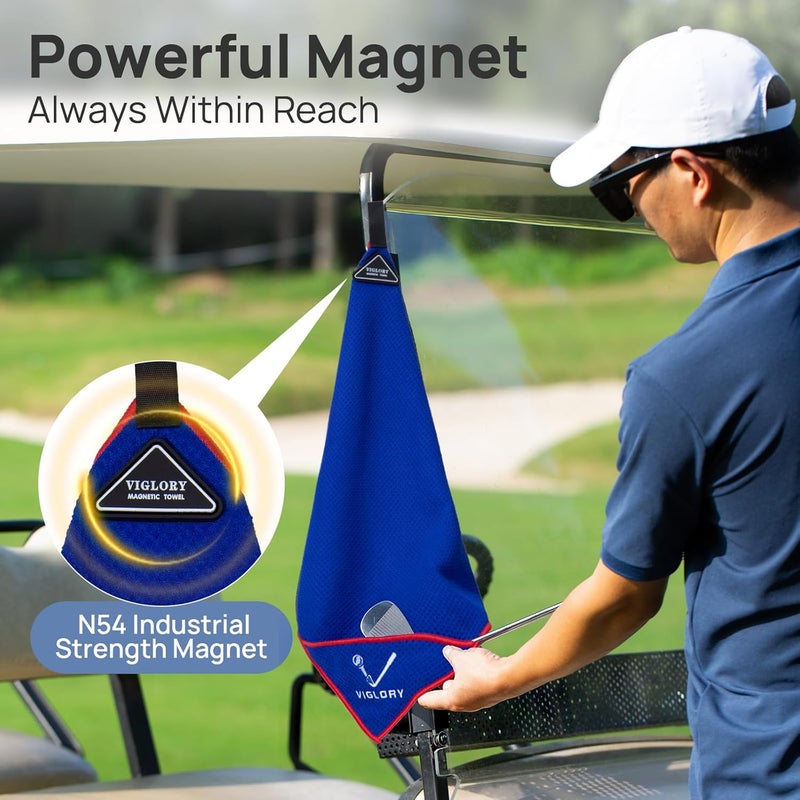 VIGLORY Magnetic Golf Towel - Exclusive Cleaning Pocket–18"x18"–Strong Magnet for Golf Cart or Clubs, Spot-Clean Design, Ultra Absorbent Waffle Microfiber–Golf Accessories & Gift for Men(Blue 1 Pack) - Image 3